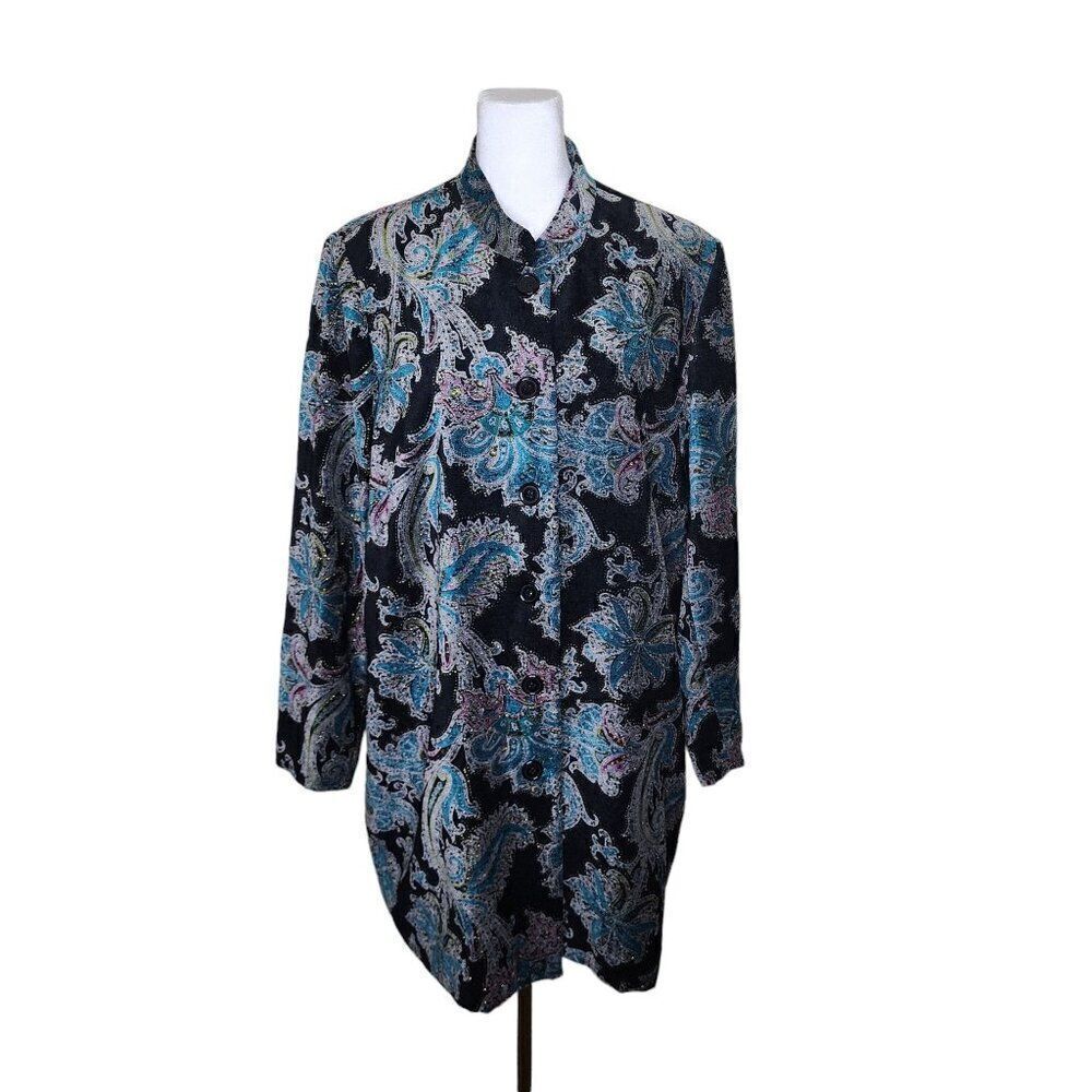 Velvet Long Blazer Jacket Womens Size 18W Black Teal Tapestry Paisley Lined